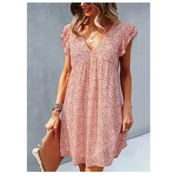 🆕Boho Trendy Red Floral Flutter-Sleeve Empire-Waist Dress XL🆕 - Picture 1 of 10